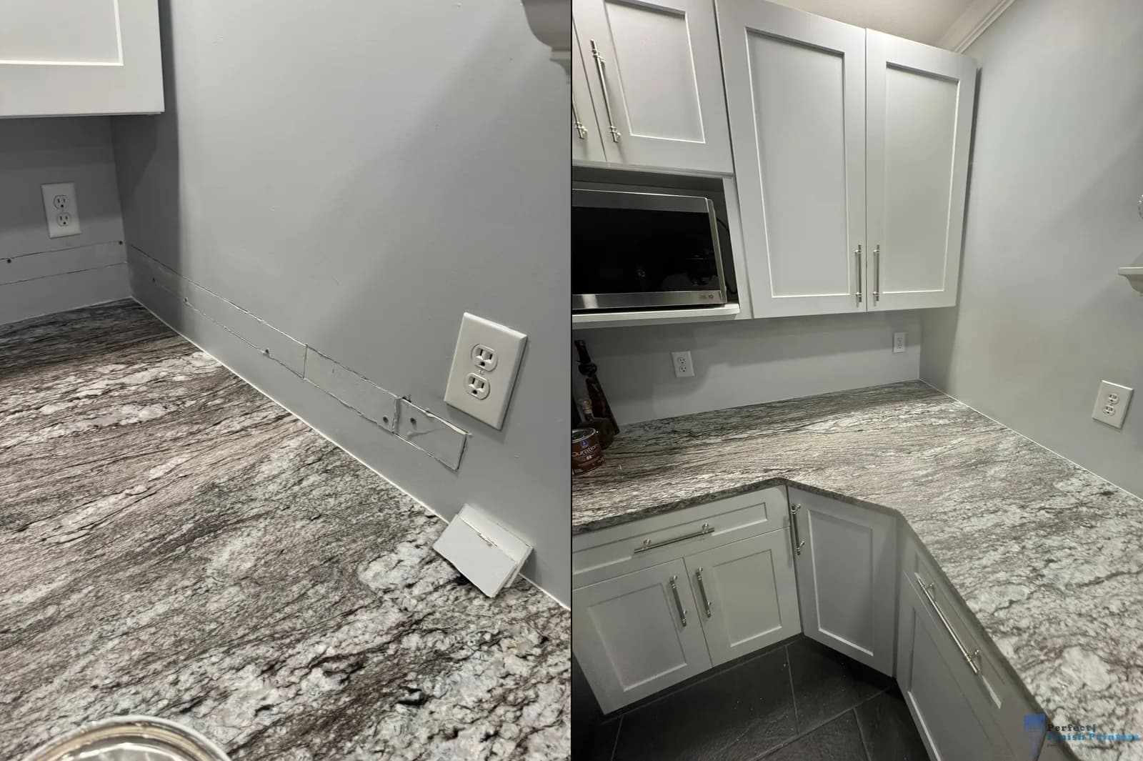 Kitchen drywall repair before and after — a patched, damaged wall made seamless and repainted in South Jersey