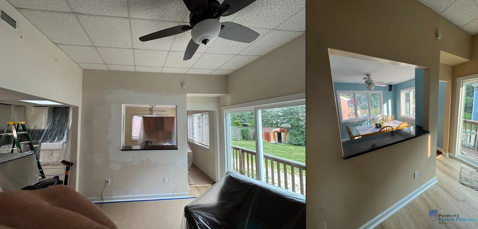 Open-concept living and dining repaint before and after — drywall repaired around the pass-through and the whole space repainted in South Jersey