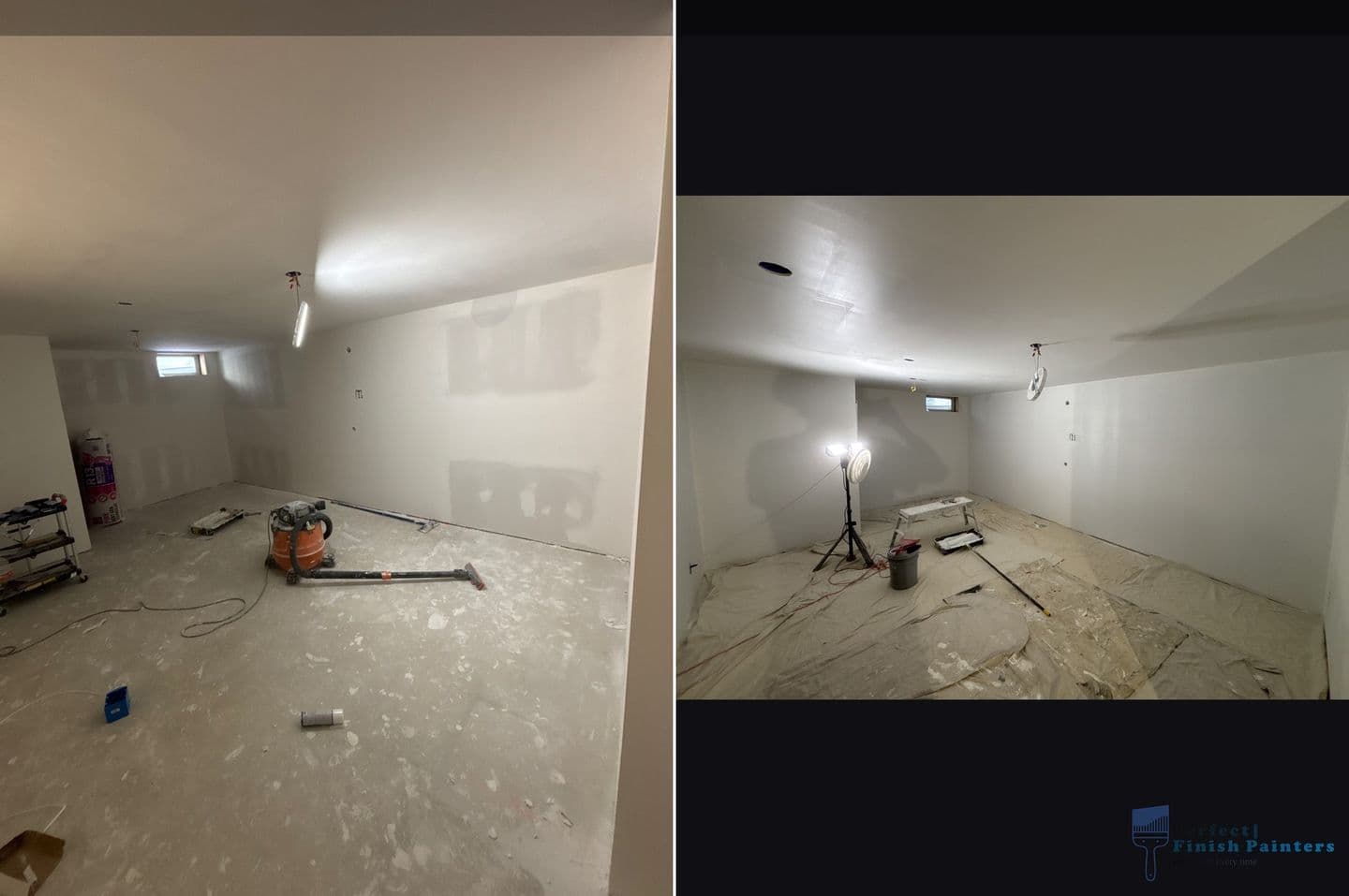 Before-and-after view of a basement room with left side showing unfinished, sanded drywall and tools, and right side displaying smooth, primed white walls with a work light.