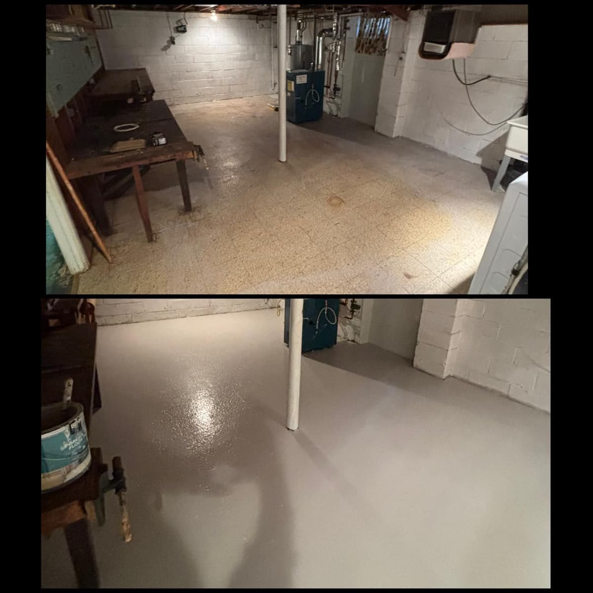Basement floor epoxy coating before and after in Galloway NJ by Perfect Finish Painters