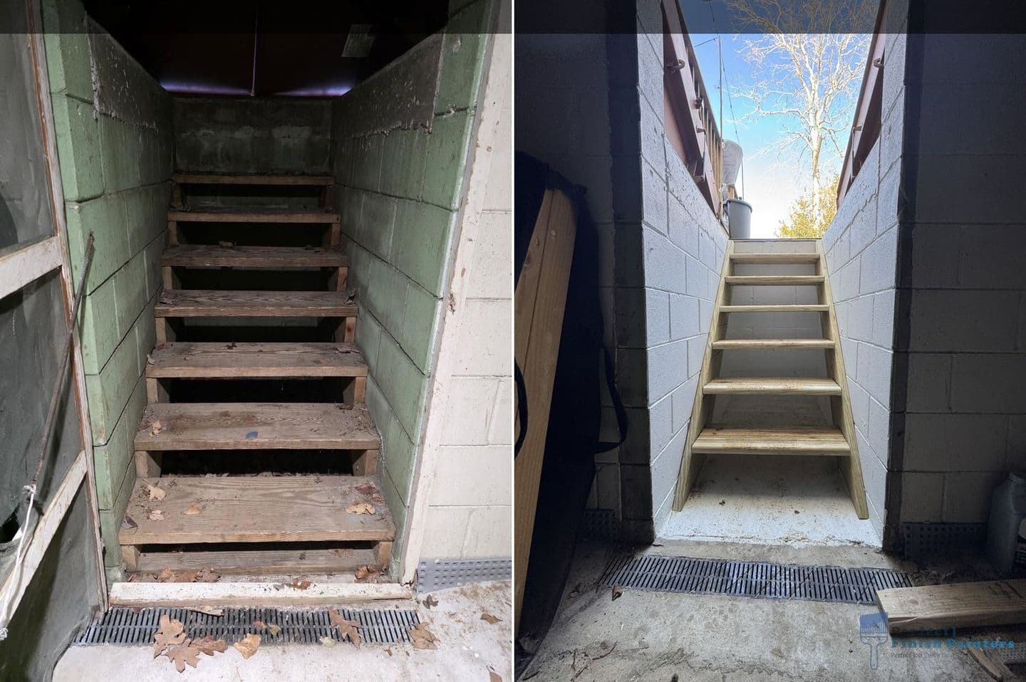 Before-and-after image of a basement staircase showing old green walls and worn wooden steps transformed to white walls and refinished steps.