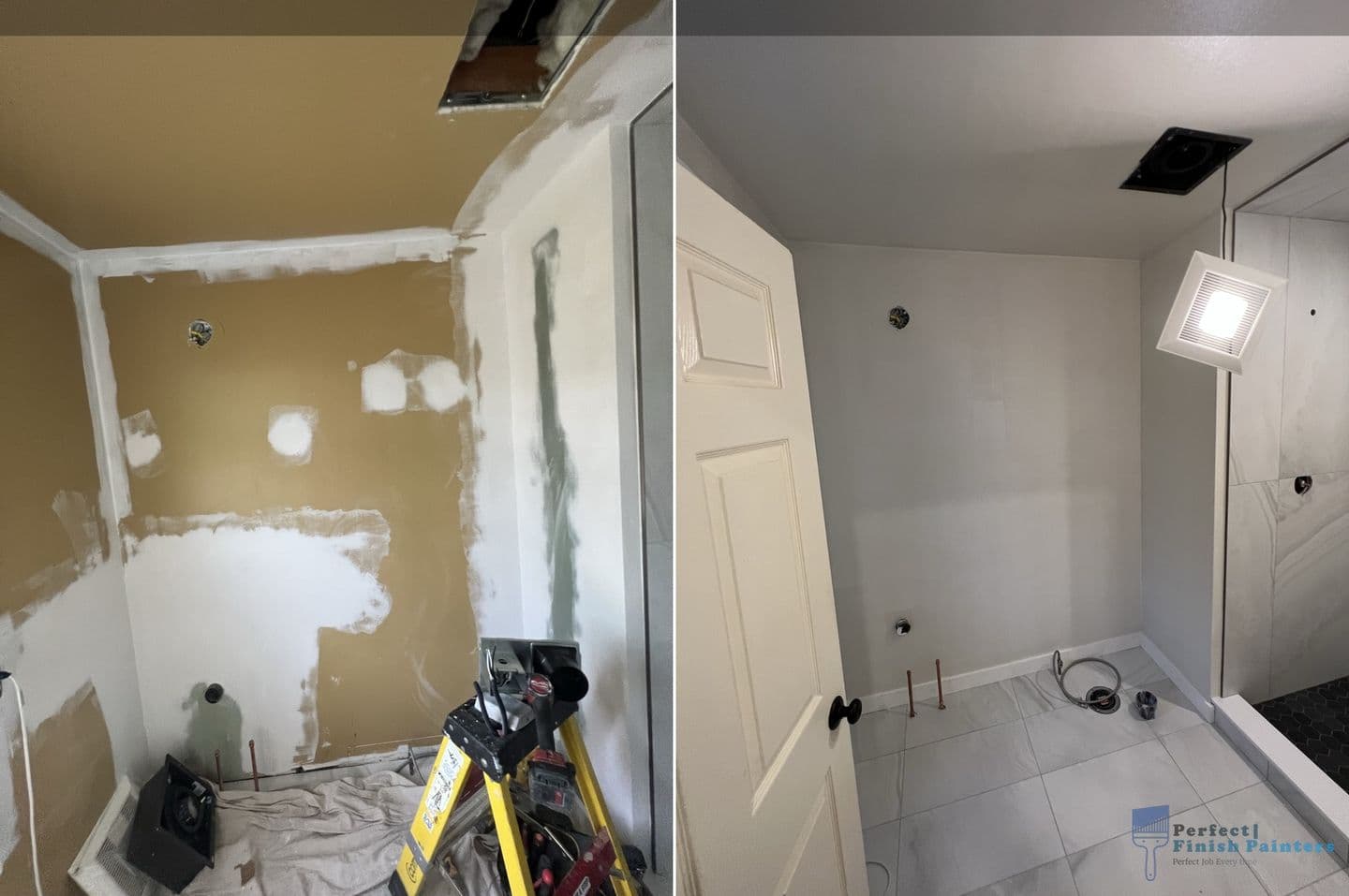 Before-and-after photo of a bathroom showing patched and spackled walls with a ladder and tools on the left, and a cleanly painted white room with tiled floor and shower on the right.
