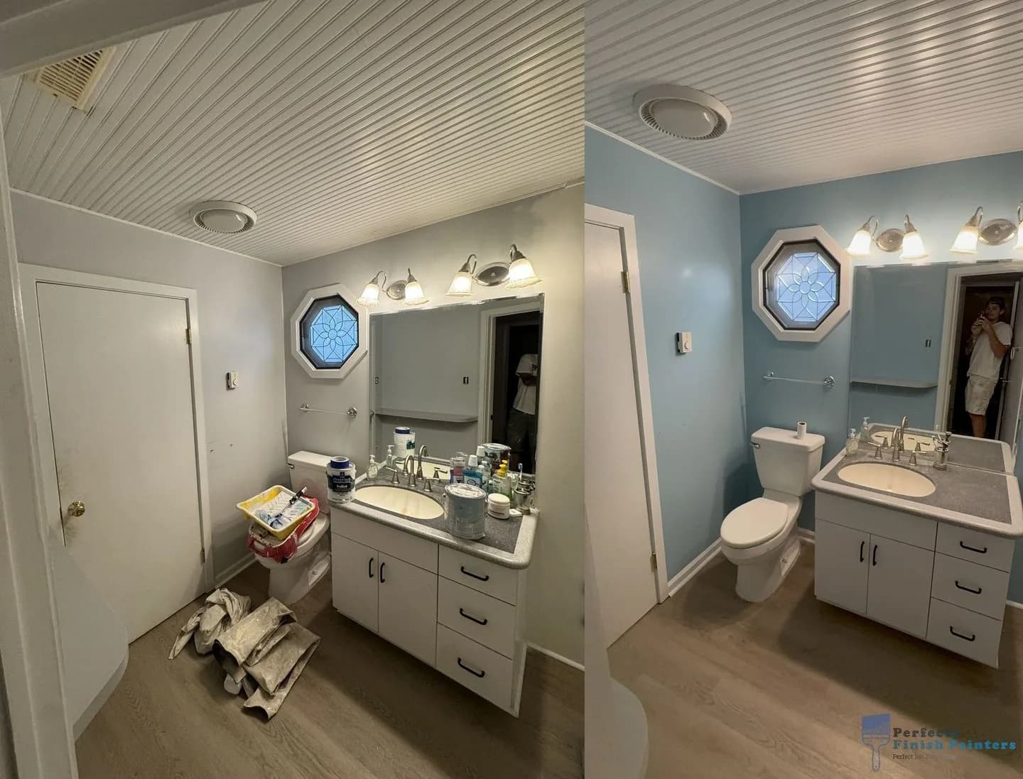 Before-and-after split image of a small bathroom with walls painted from white to light blue, showing cluttered before and clean after with visible wood flooring.