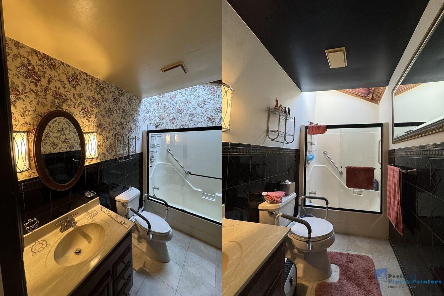 Before-and-after view of a bathroom showing the change from floral wallpaper and beige ceiling to white walls and black ceiling with black tile accents.