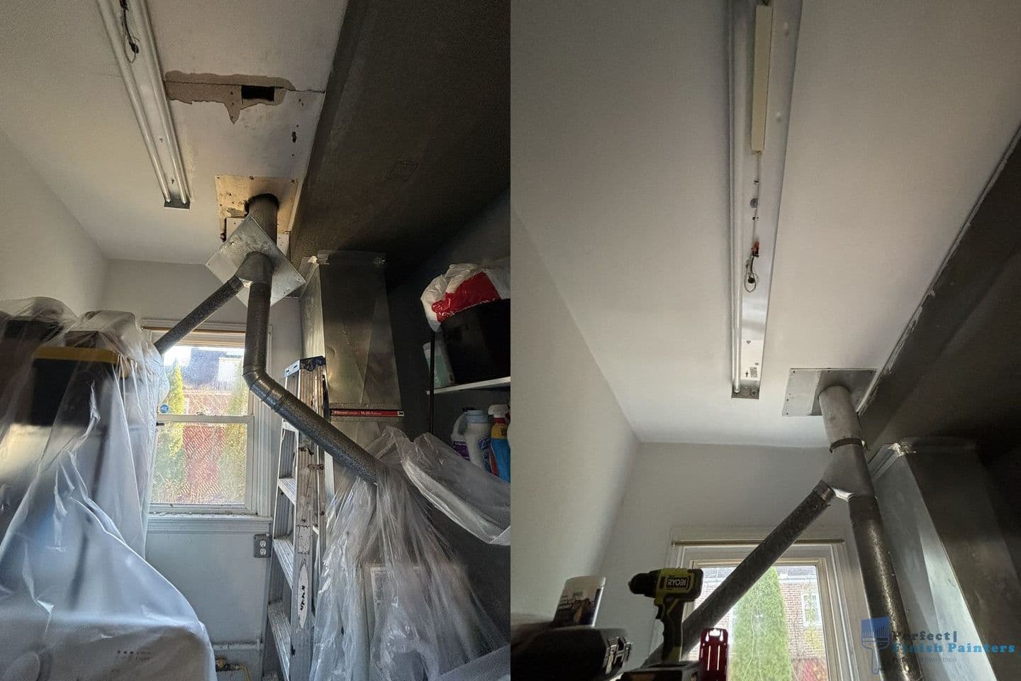 Before and after images of a room's ceiling with a vent pipe, showing the left side with a hole and plastic sheeting, and the right side with the hole patched, painted white, and light fixture installed.