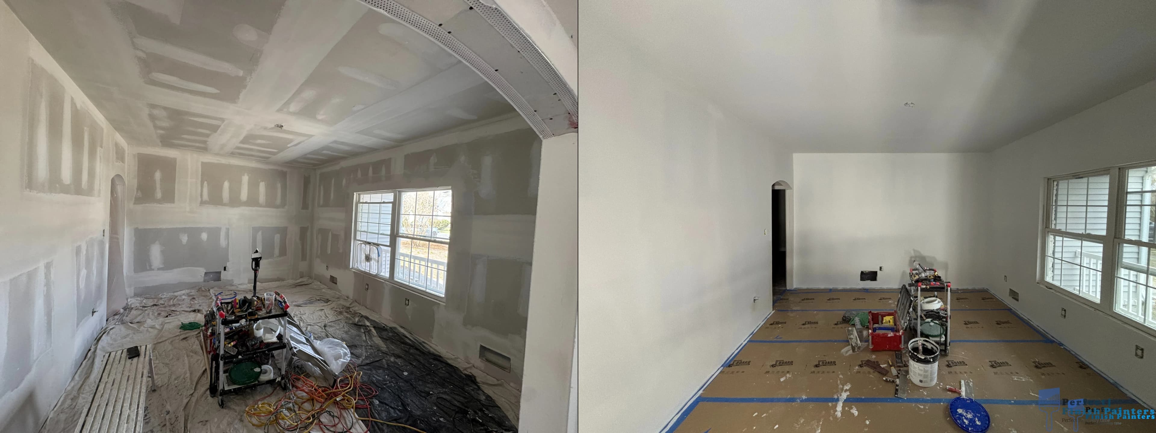 Drywall taping, finishing, and priming in Galloway NJ — before and after view of taped and mudded seams transformed into smooth, primed paint-ready walls and ceiling.