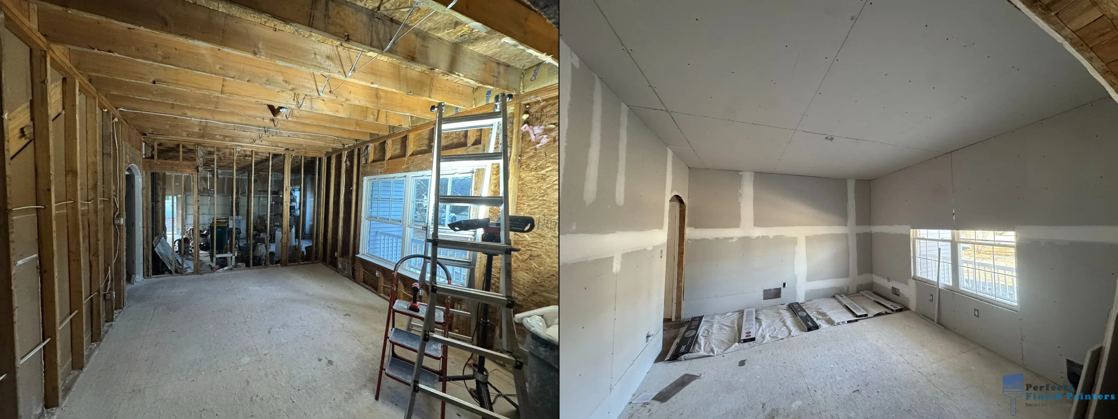 Drywall installation in Galloway NJ — before and after view from open wall framing to fully hung drywall panels on walls and ceiling.