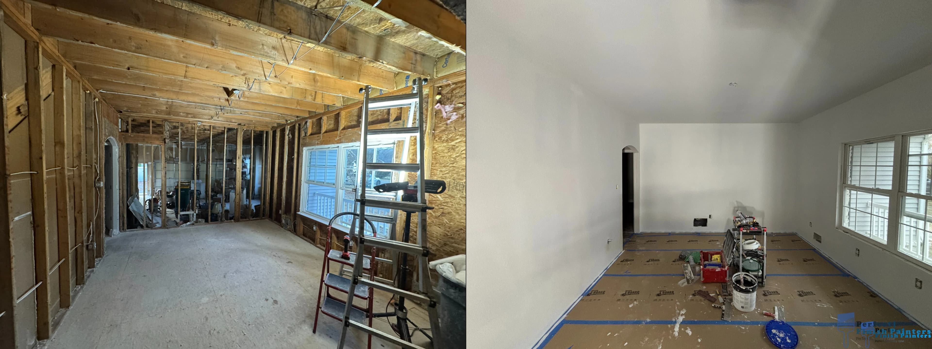 Framing to finished interior in Galloway NJ — before and after view from exposed studs and open framing to fully drywalled, primed, and paint-ready walls.