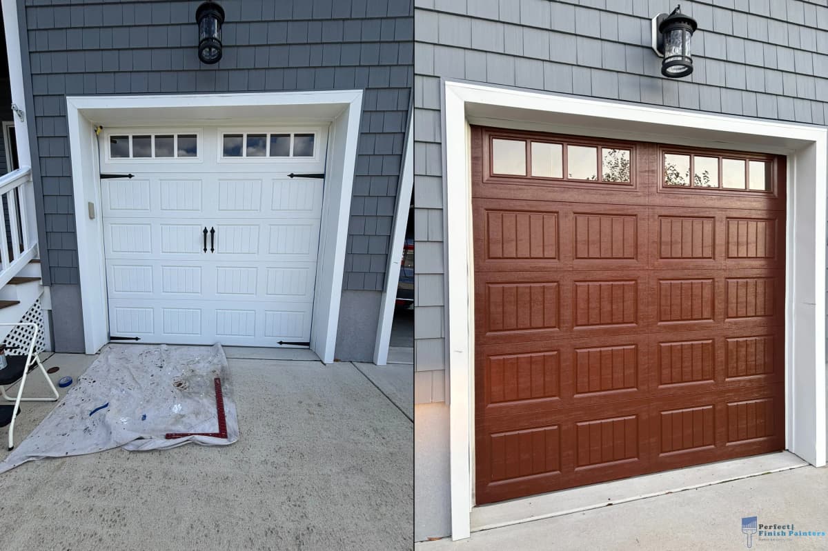 Garage door wood-grain stain before and after in Brigantine NJ by Perfect Finish Painters