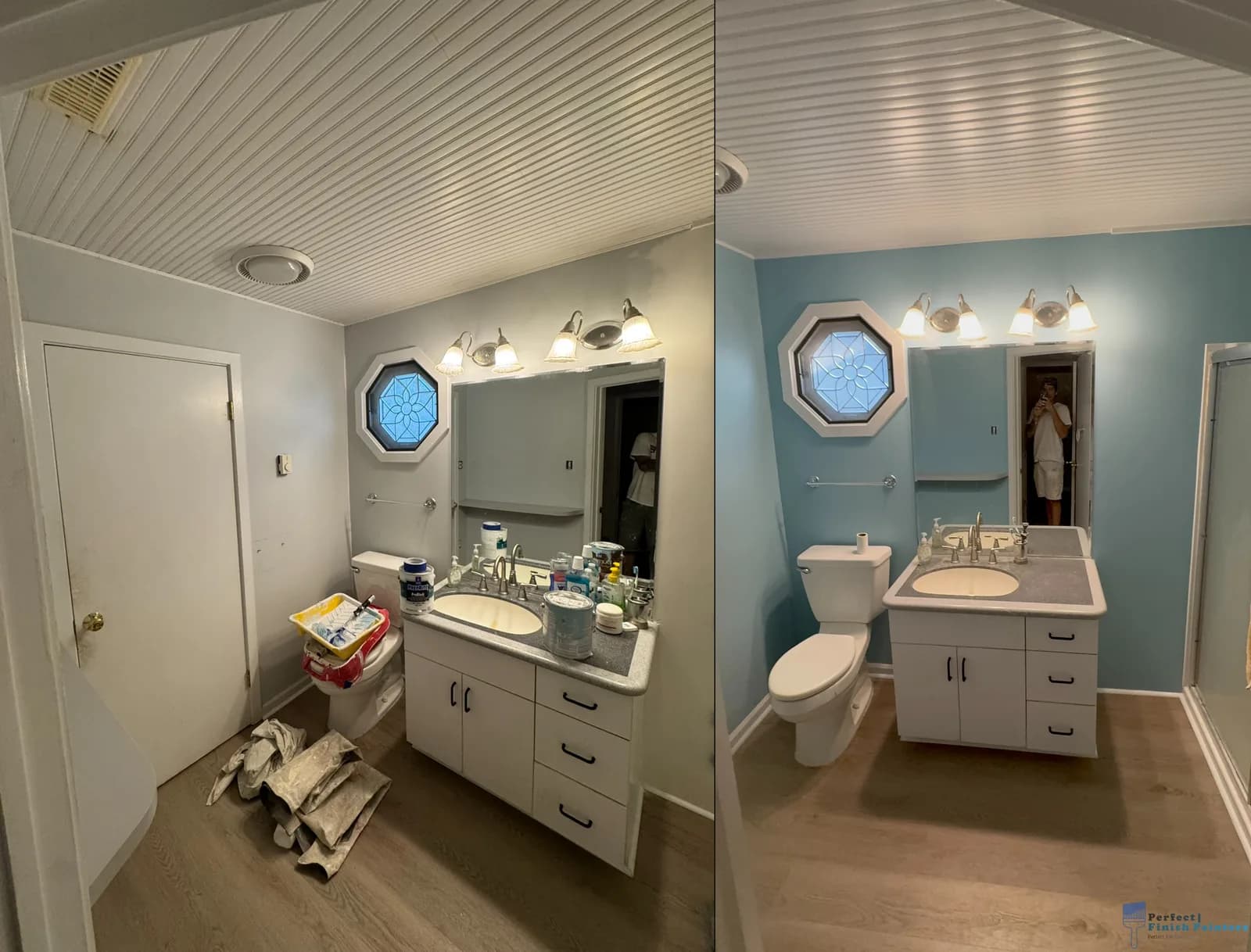 Bathroom repaint before and after — walls, trim, and beadboard ceiling refreshed in South Jersey