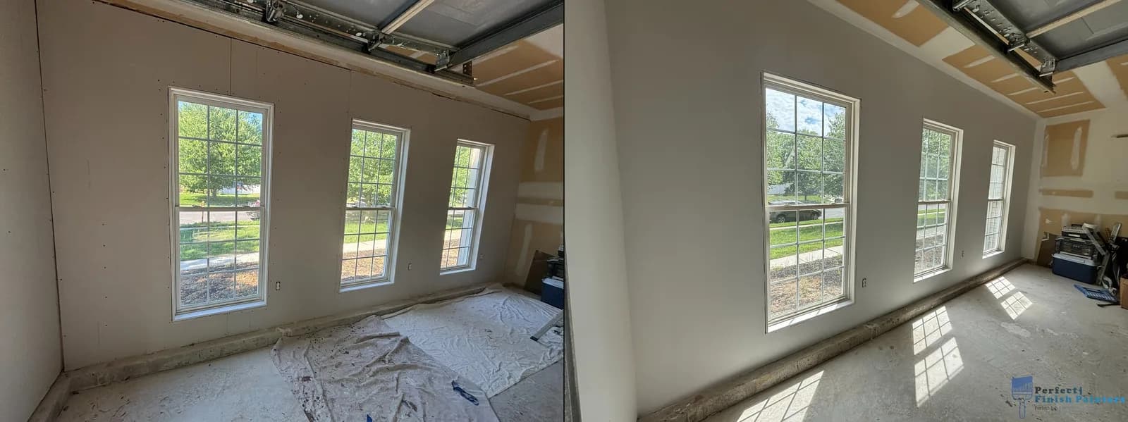 Garage drywall finishing before and after — bare taped drywall transformed into a smooth painted wall in South Jersey