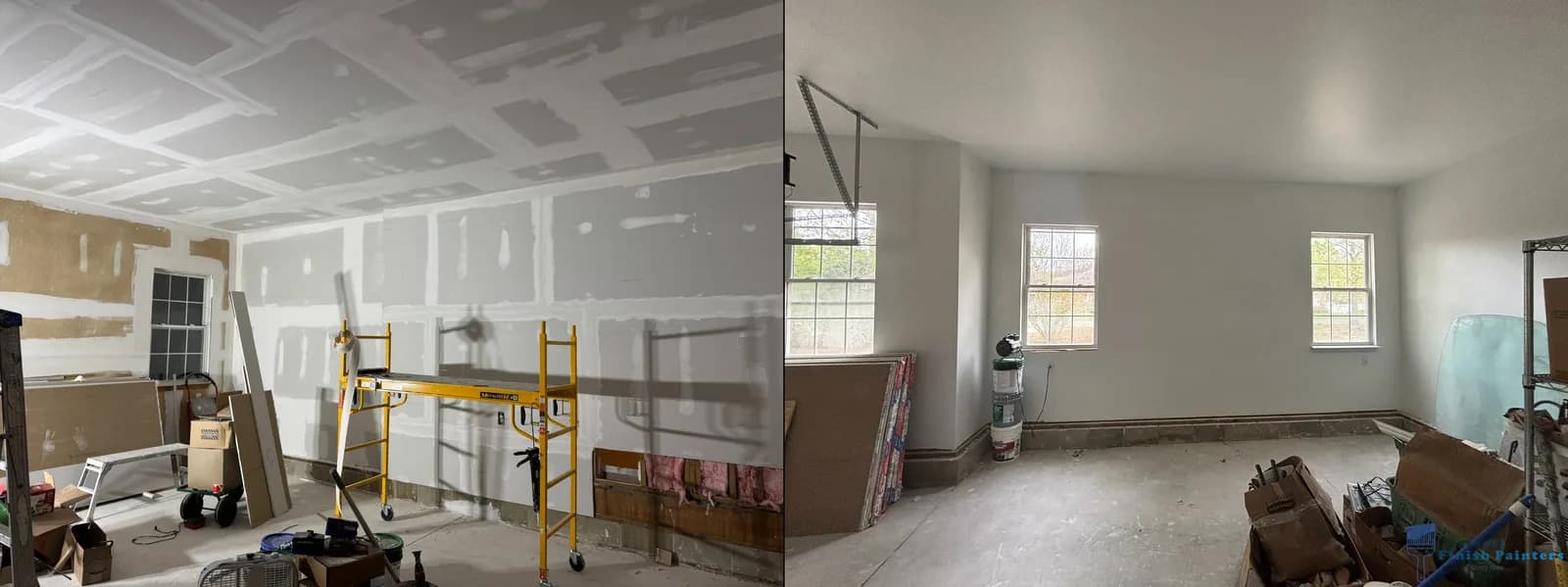Garage with taped drywall and a scaffold mid-project, then the finished painted walls and ceiling in South Jersey