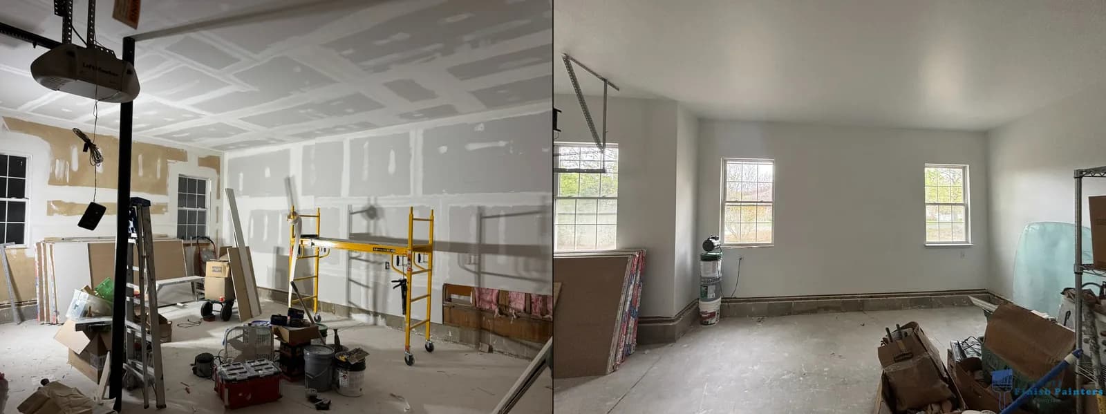 Finished and painted garage interior with clean walls and ceiling in South Jersey