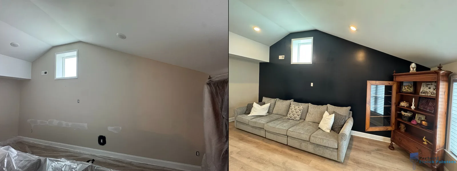 Living room accent wall before and after — a plain wall turned into a bold navy feature wall in South Jersey