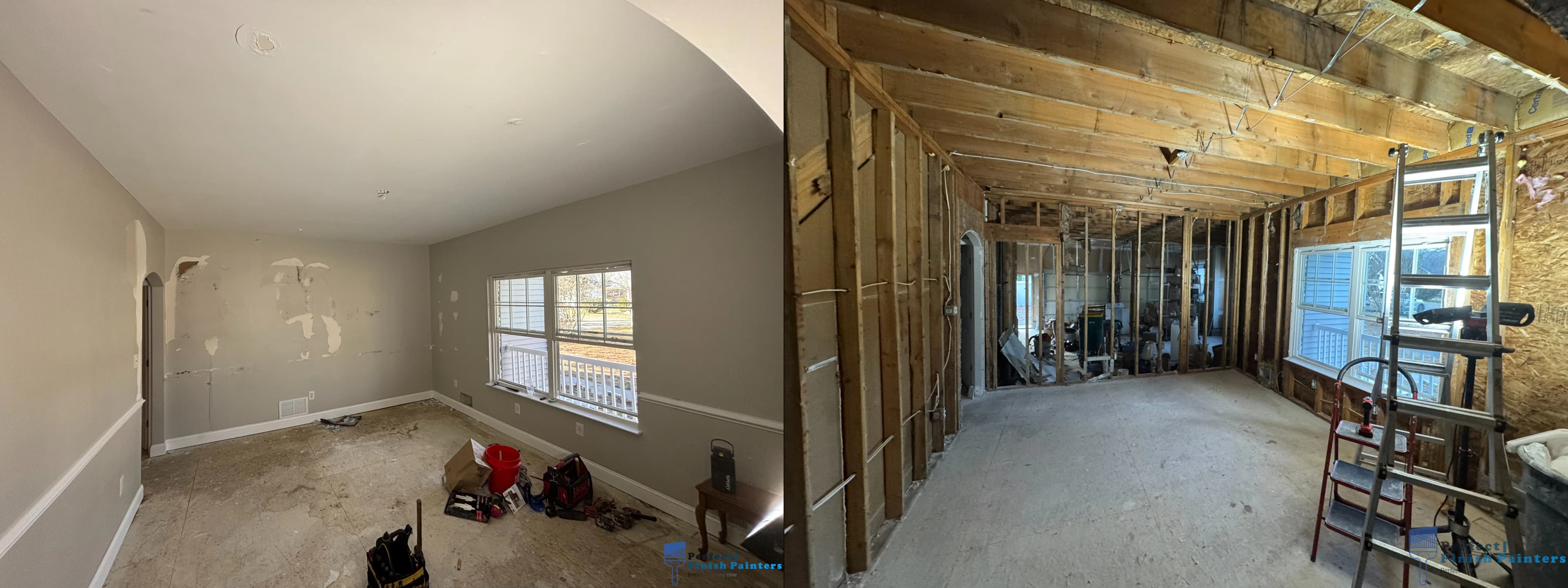 Full room renovation in Galloway NJ — before and after view from exposed wall studs and framing to a finished, freshly painted interior room with windows and clean trim.