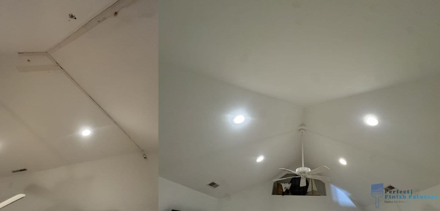 Before-and-after view of a vaulted ceiling with visible seams on the left repaired to a smooth finish with recessed lights and a ceiling fan on the right.